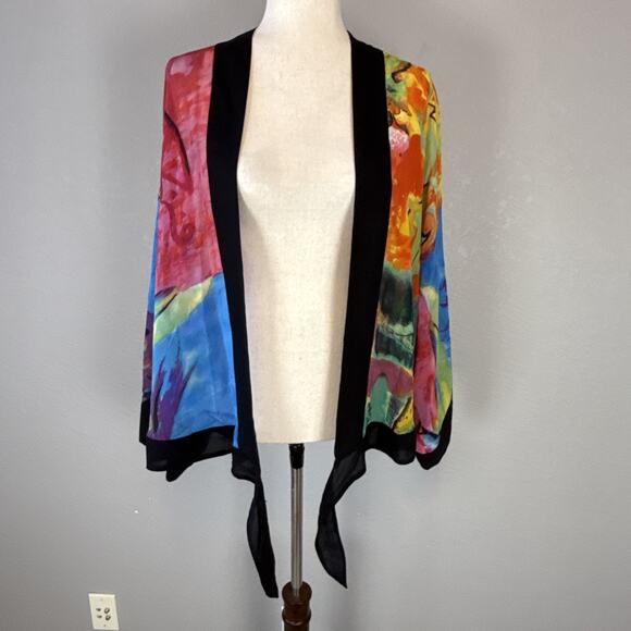 Chico's Womens Lightweight Silk Chiffon Short Kimono Jacket Size 2 L Watercolor - Picture 7 of 8